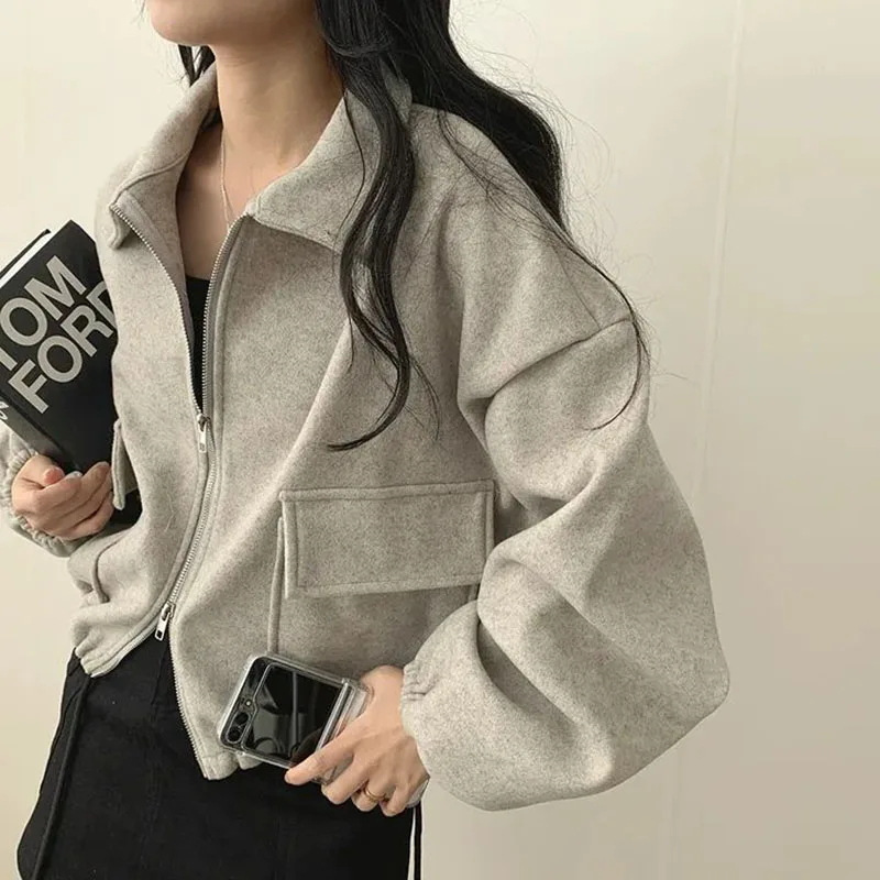 New Autumn And Winter Stand-Up Collar Cropped Jacket  Y2KHarajuku Street Style, Women's Casual Drawstring Loose Long-Sleeve Coat