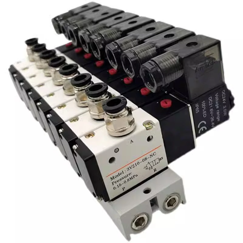 

220V 24V Multi Option 3V210-08 Pneumatic Solenoid Valve Block With Muffler Fitting Base Manifold 2/3/4/5/6 Row 3 Port