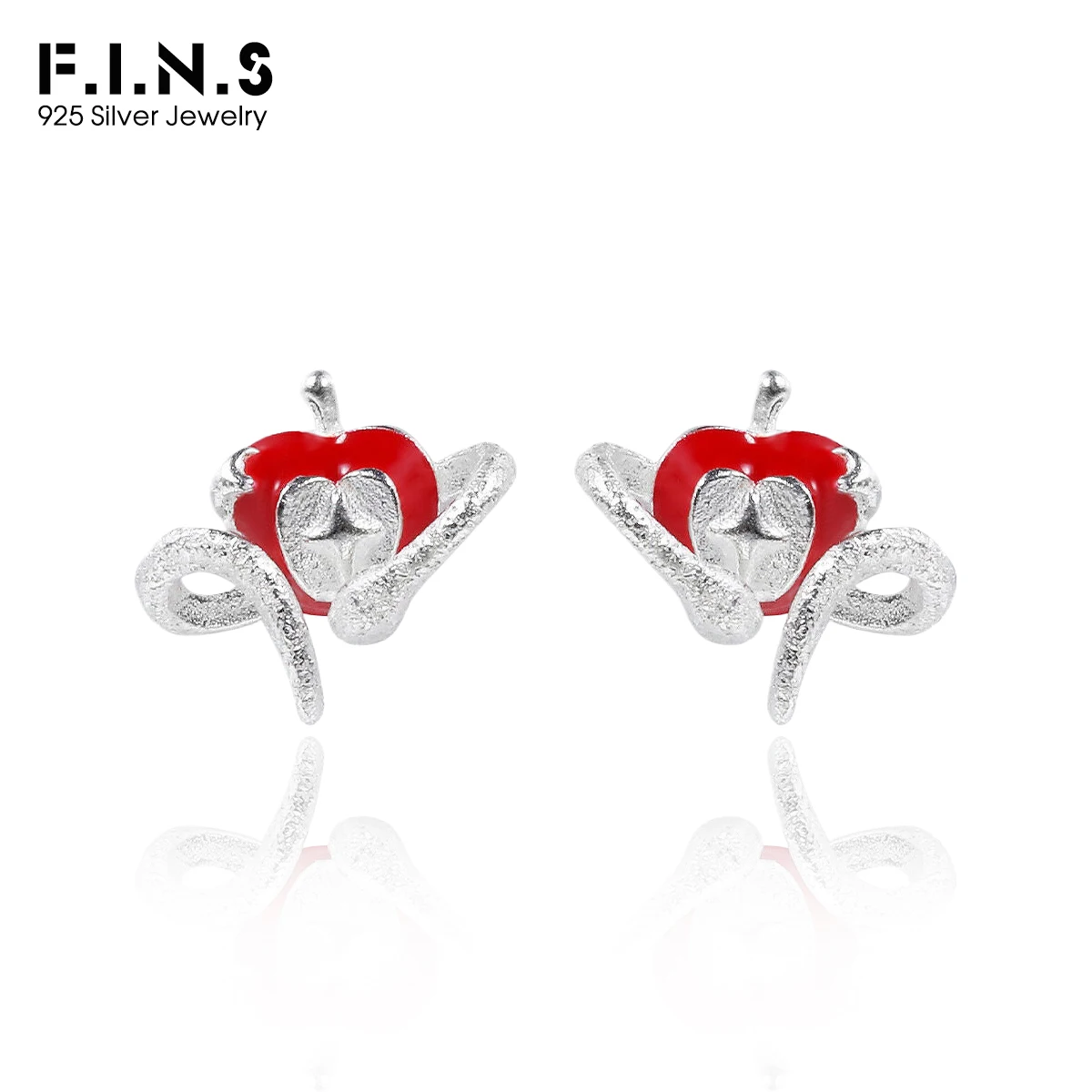 F.I.N.S Original manzana roja y serpiente S925 pendientes tipo botón de plata fina lindo dulce cepillo brillo Piercing oreja joyería fina regalos