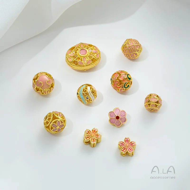 

Oil-dripping Gold-plated Color Pink Cherry Blossom Bead-separated Round Ball Straight Tube DIY Bracelet Jewelry Matching