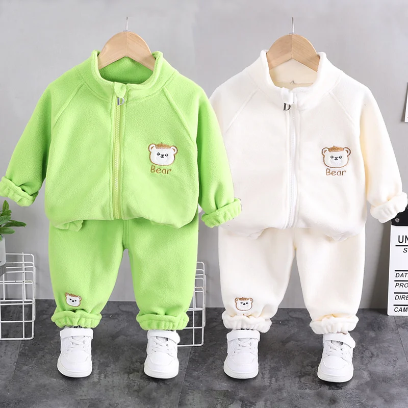 Kids Padded Sets Boys Girls Thickened Warm Suit Children's Fleece Sport Outfits Infant Cartoon Cute Bear Coat And Pants 2pcs