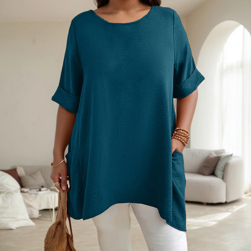 حجم كبير المرأة الصلبة س الرقبة انخفض الكتف كم جيوب تونك القمم الصيف السيدات بلوزة كاجوال تي شيرت تي شيرت حجم 1XL-5XL