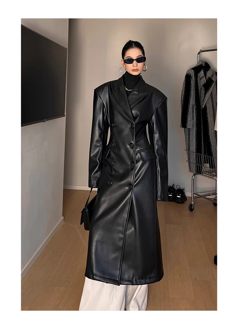 Nerazzurri Spring Autumn Luxury Long Black Fitted Pu Leather Trench Coat for Women Shoulder Pads Double Breasted Runway Fashion