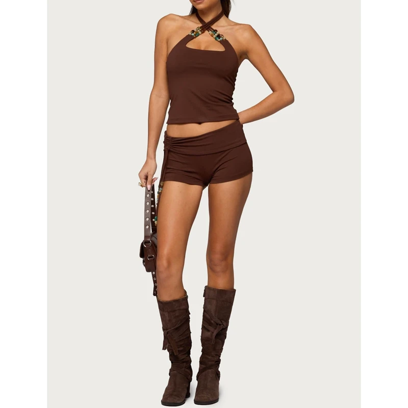

Women's 2Piece Outfits Set Tied Cross Halter Neck Slim Tank Tops with Fold Over Side Beading Straps Drawstring Shorts