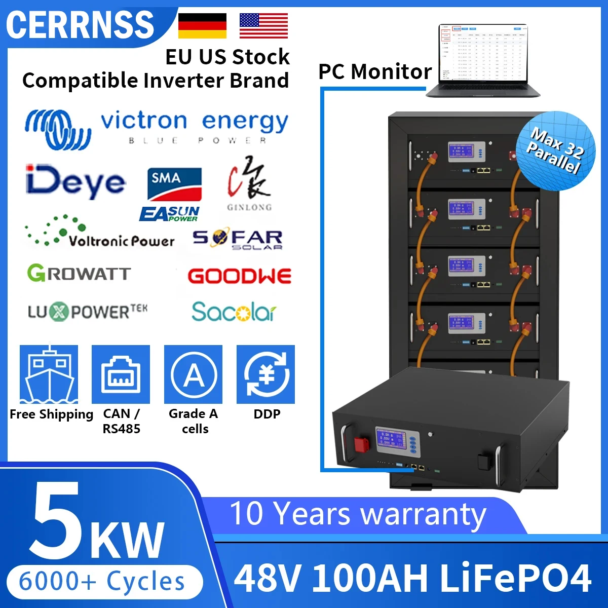 LiFePO4 48V 100Ah Battery Pack 51.2V 200Ah 120Ah 50Ah Lithium Battery 6000+ Cycles for Home RV Solar Off-Grid 48V LiFePO4 NO Tax