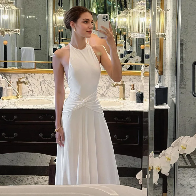 Mulheres fora do ombro roupas estilo europeu e americano moda simples em camadas decoração branco sem mangas suspender vestido