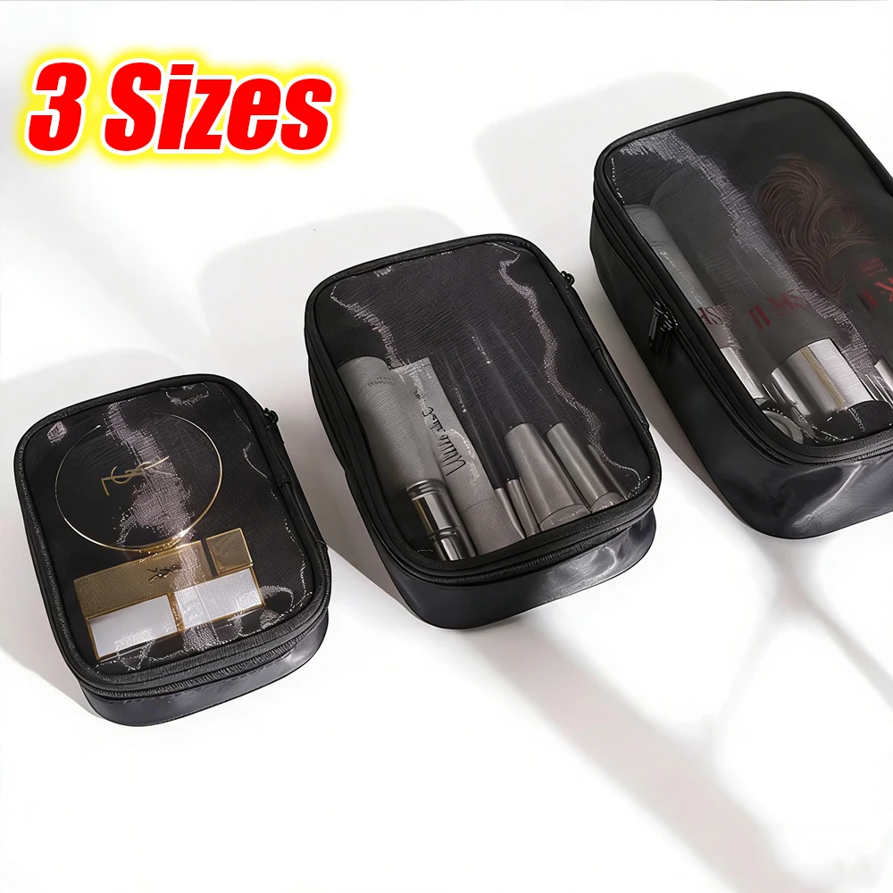 3Size Portable Makeup Bag Small Large Mesh Transparent Cosmetic Storage Bag Pencil Case Women's Travel Toiletry Storage Pouch Bl