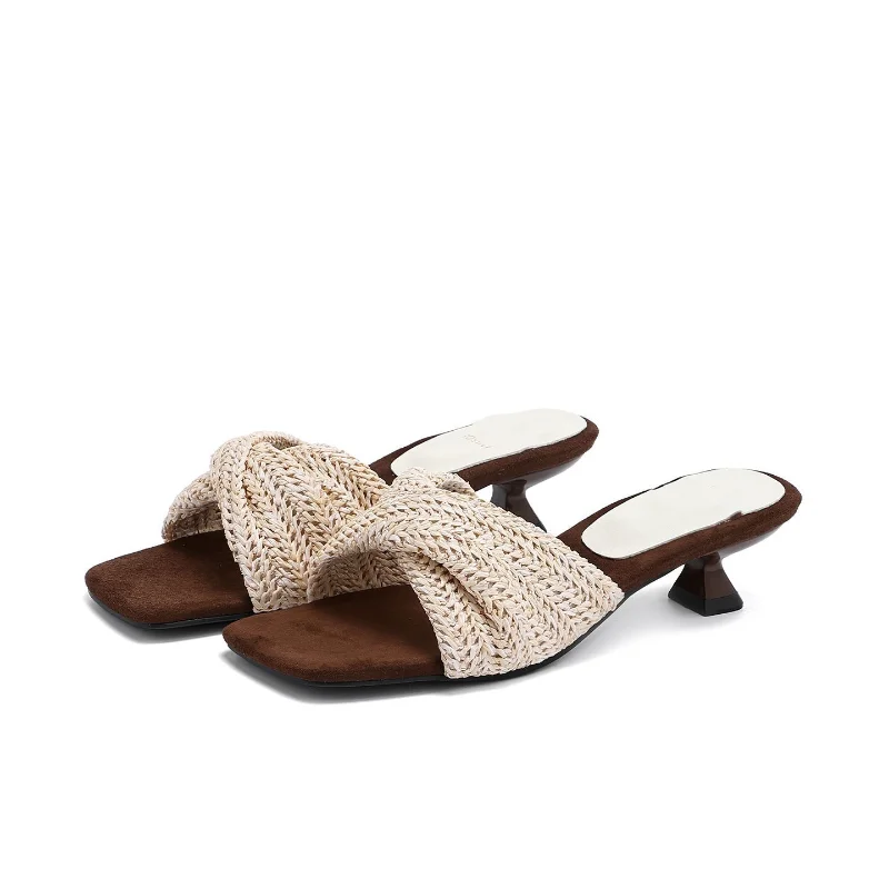 

2026 Summer Outdoor High Heel Open Toe Slip-On Shoes Breathable Mesh Platform French Vintage Woven Thick Bottom Sandals Women's