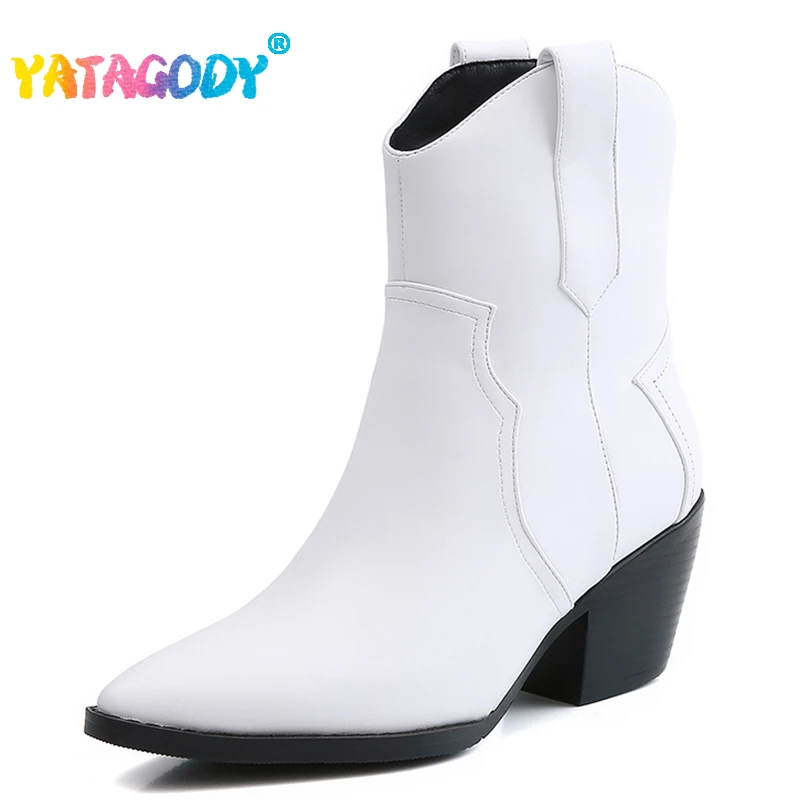 YATAGODY Size 33-45 Women Ankle Boots Pointed Toe Chunky High Heels Shoes For Women Winter Fashion Western Cowgirl Boots Woman