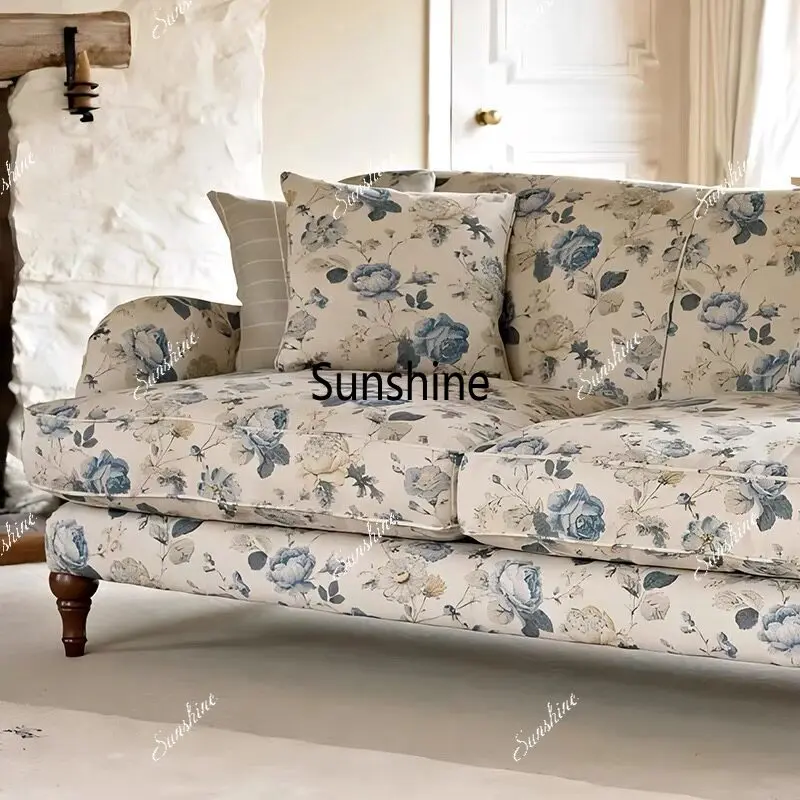 French retro solid wood, living room printed fabric sofa, rural straight row