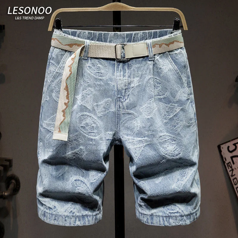 

Summer New Fashion Trend Retro Printed Straight Leg Elastic Jeans For Men Loose Fit Sports Plus Size High-Quality Denim Shorts