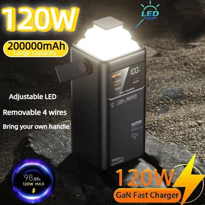 Xiaomi 120W ricarica rapida Power bank 200000mAh 4 in1 cavo per IPhone Huawei Samsung campeggio esterno portatile con torcia elettrica