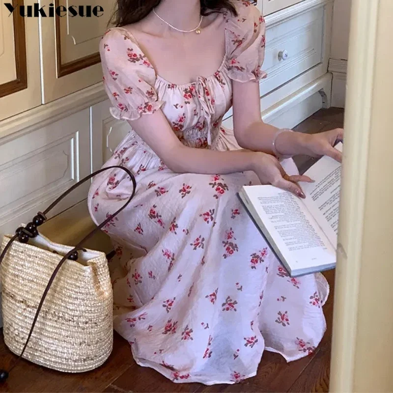 Summer Casual Print Short Sleeve Square Neck Floral Corset Long Dresses Vestidos Fashion Vintage Womens Sweet Lace-up Boho Dress