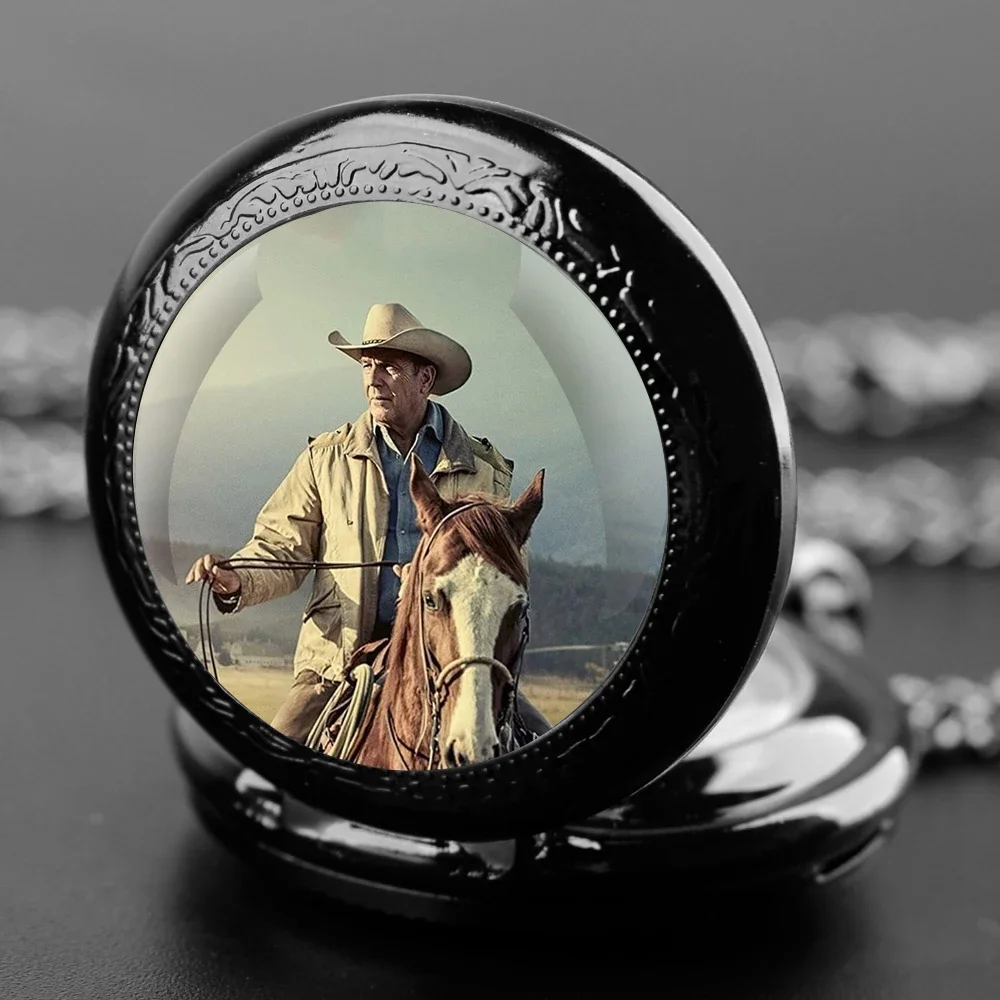 Yellowstone Dutton Ranch Glass Dome Pocket Watch with Chain Necklace Vintage Quartz Pendant Watches Mens Women Gift