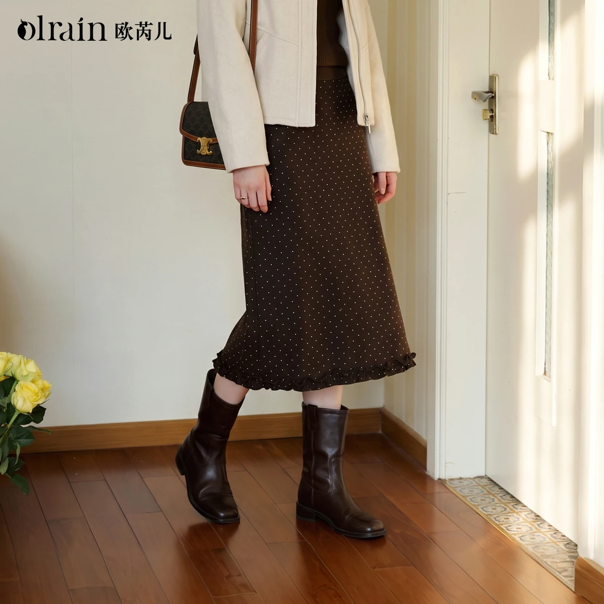 OLrain Women's Skirt French Style Polka Dot Ruffle Hem A-Line Midi Skirt 2026 Autumn Winter Office Commuter Clothes WO58QB013536