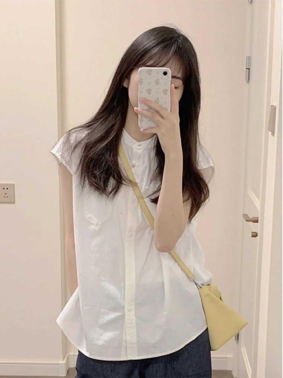 

Белый хлопок и лен ort Sve round Ne irt Женский летний дизайн Sense High-End Feeling Small Flng Sve Top