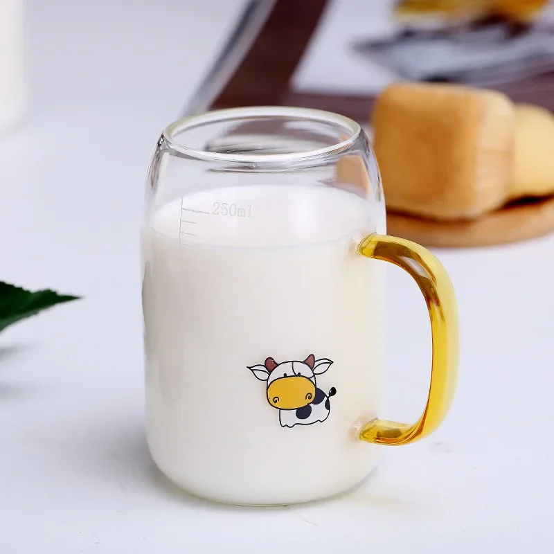 Cute Cow Glass Mug Cup with Scale Up to 250ml Heat Resistant Milk Drinking Drinkware 300ml 10oz Gift for Kids Children 1 Pc