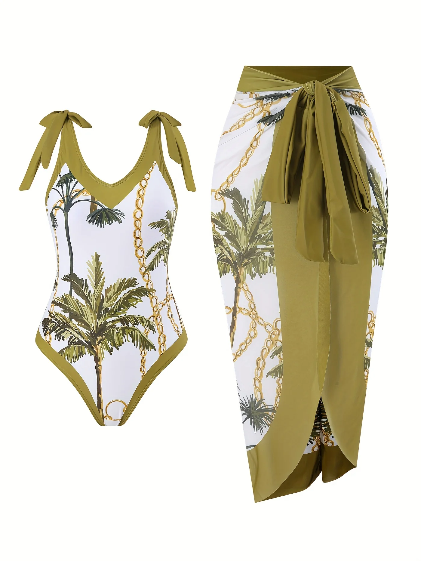

Women's Two-Piece Swimsuit Set, Beach Vacation, Elegant Green Coconut Tree Design, Small V-Neck, Sexy, with Mesh Skirt Swimsuit