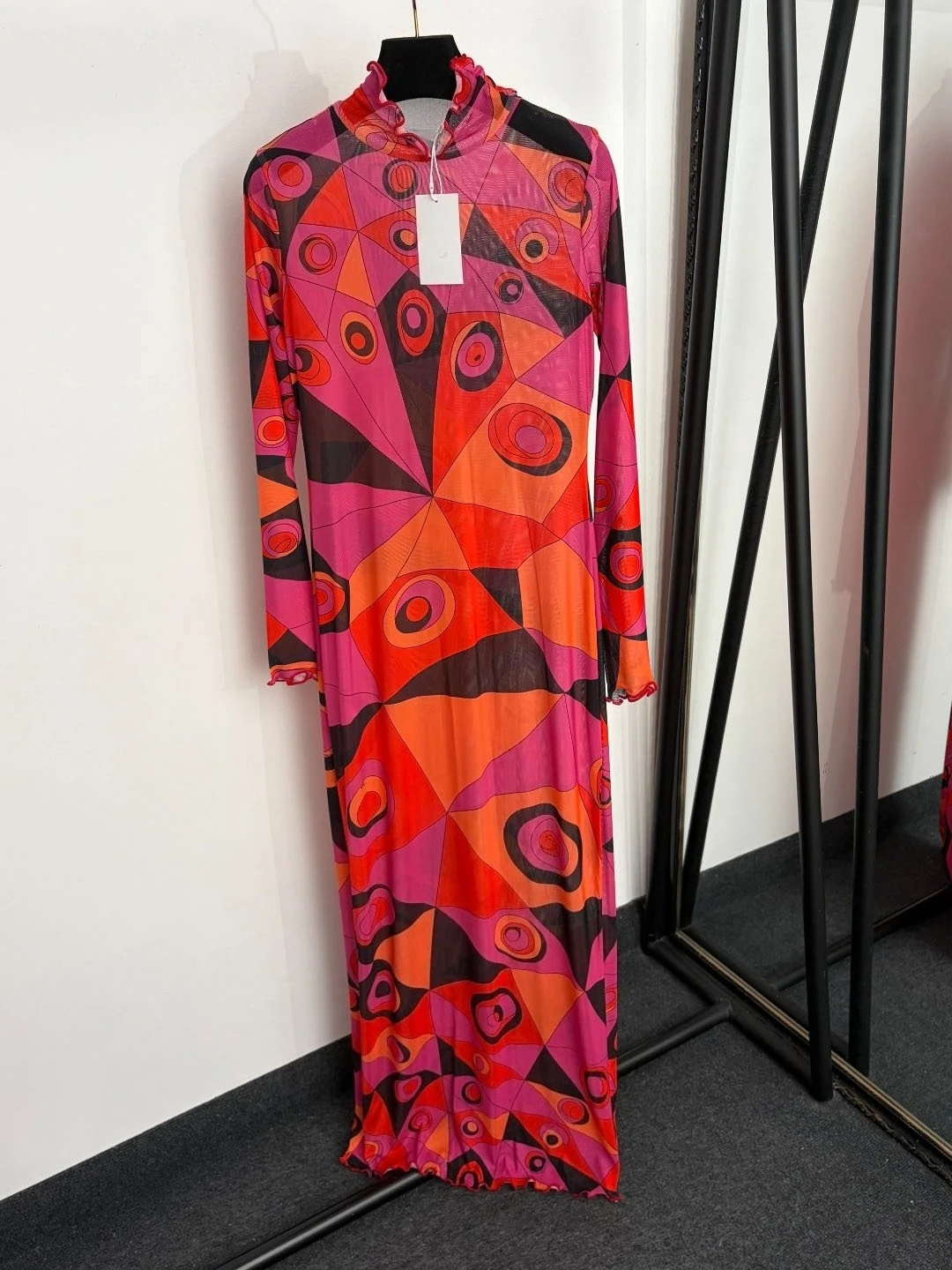 Party fashion elegant geometric color blocked printed floor length skirt, semi high neck slim fit long sleeved mesh dress image 3