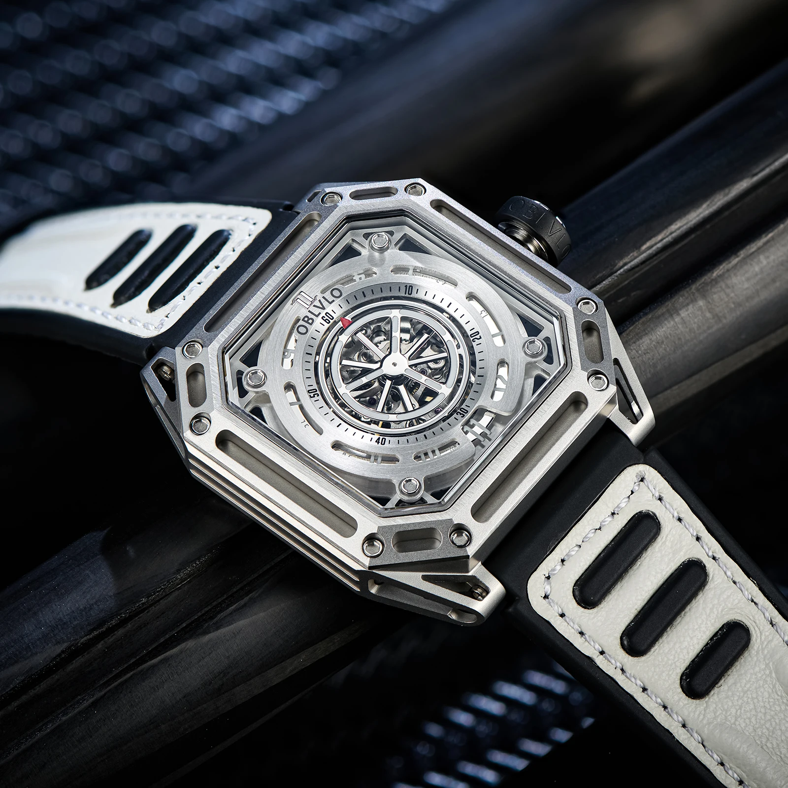 Oblvlo relógio automático masculino 44 quadrado relógio de pulso mecânico luminoso oco mostrador espelho de safira