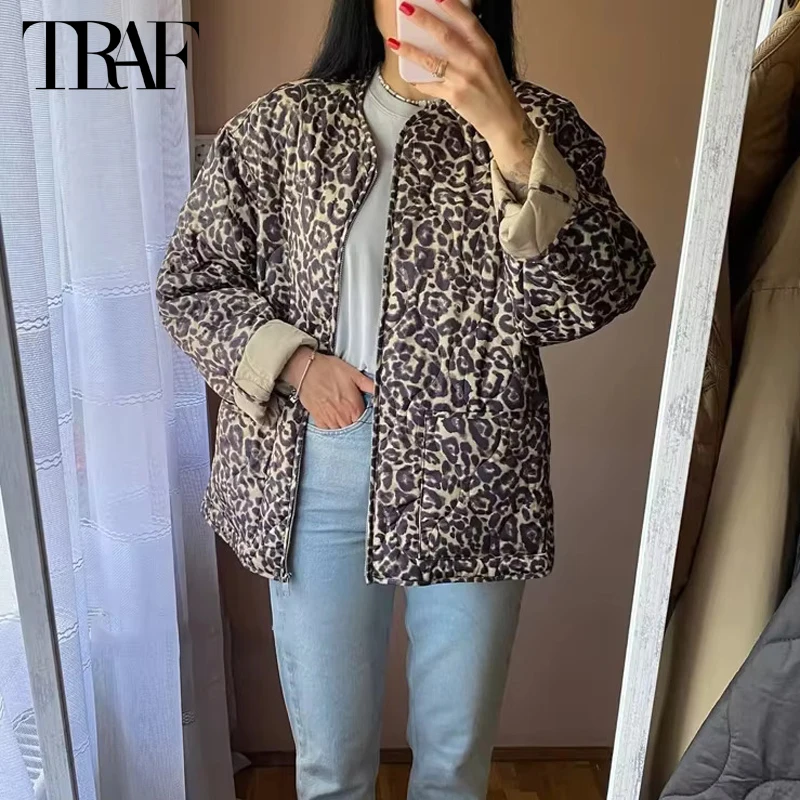 TRAF Leopard Print Quilted Jacket Women Parkas Warm Winter Woman Coat 2024 Long Sleeve Demi-season Jacket for Women Outerwears