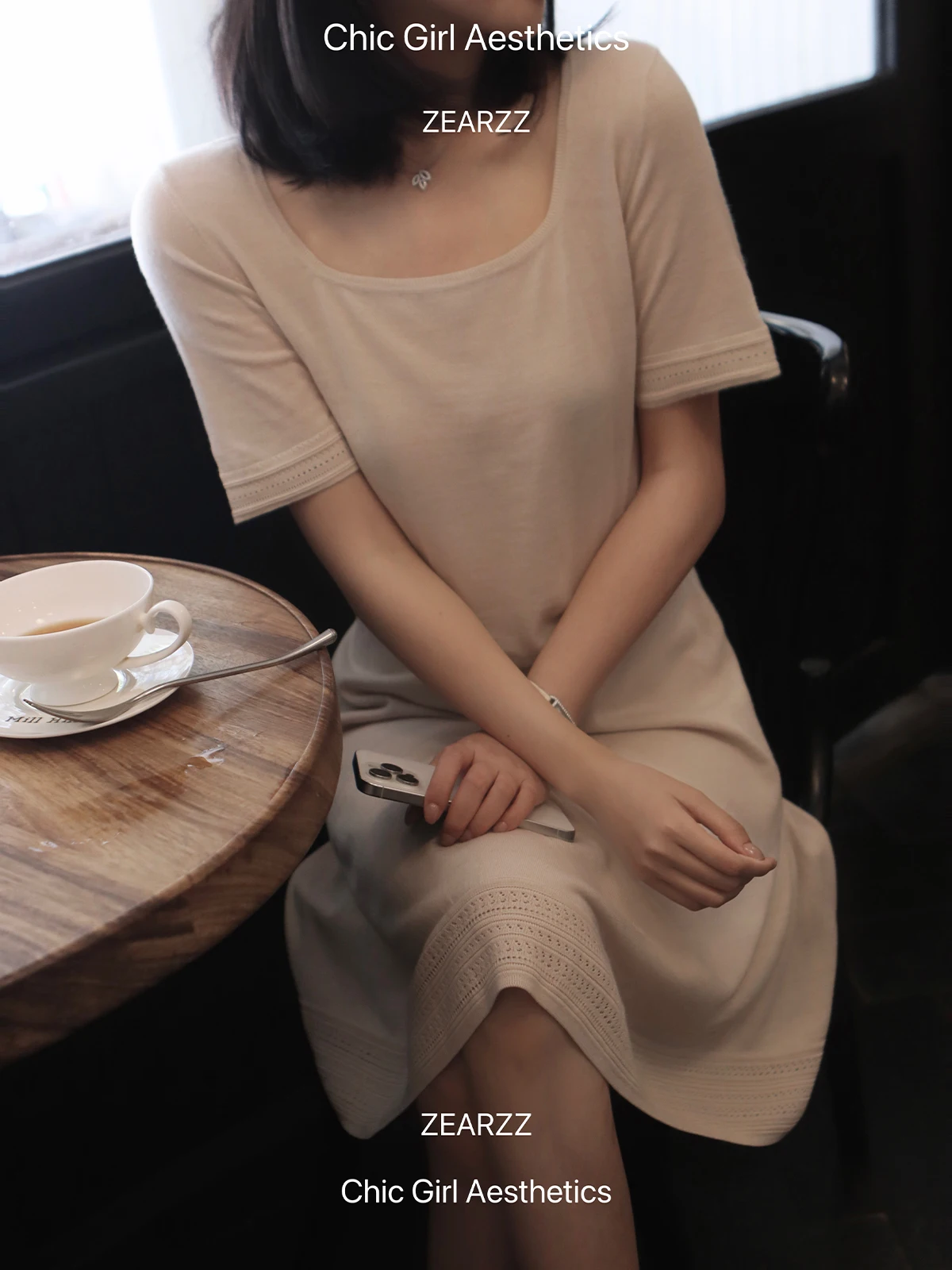 

Zearzz Hooked Flower Series Square Collar Commute Sle Women's Knitted ort Sve Slim Fit Top for Summer Casual Wear