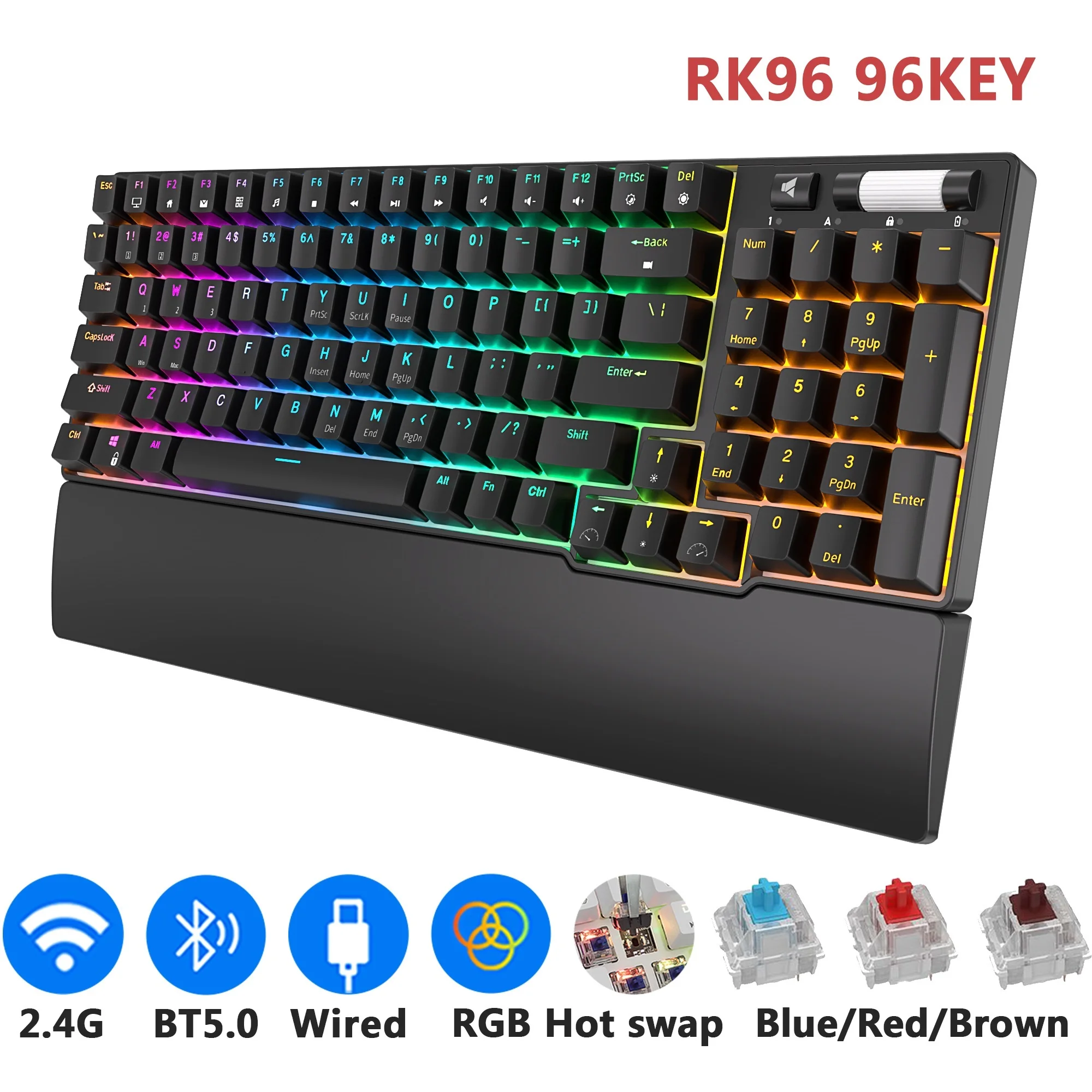 Top RK96 96 Keys RGB Wireless Bluetooth Mechanical Keyboard Tri-Mode BT5.0/2.4G/USB Hot Swappable Gamer keyboards for Tablet