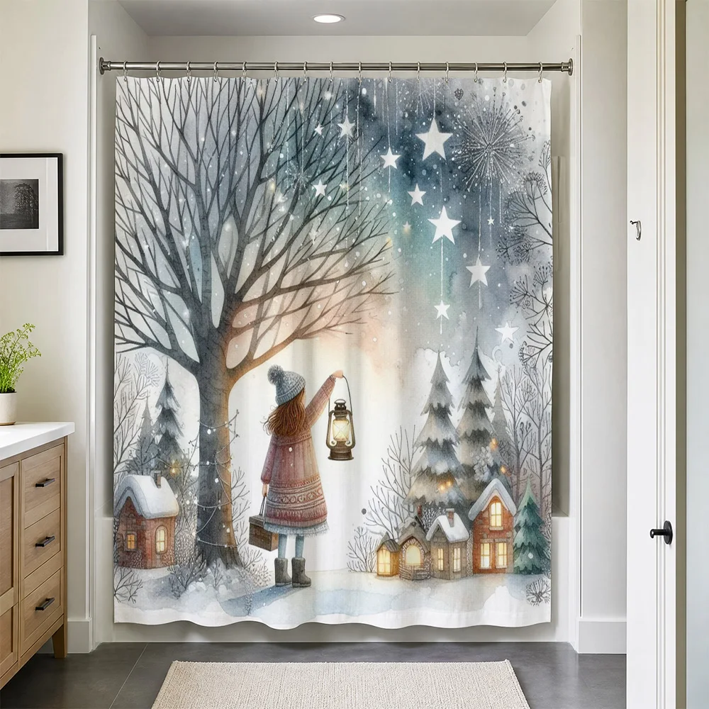 Magical Winter Night Forest Scene Shower Curtain Christmas Lights Snow Falling Cozy Bathroom Decor