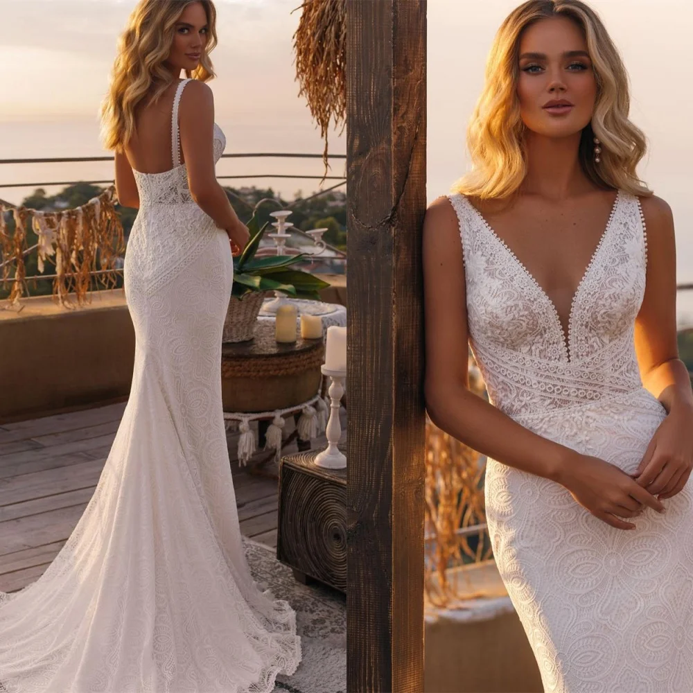 

Customized High Quality White Jersey Wedding Dress Elegant V-neck Spaghetti Straps Bridal Party Classic Zipper Back Bridal Gowns