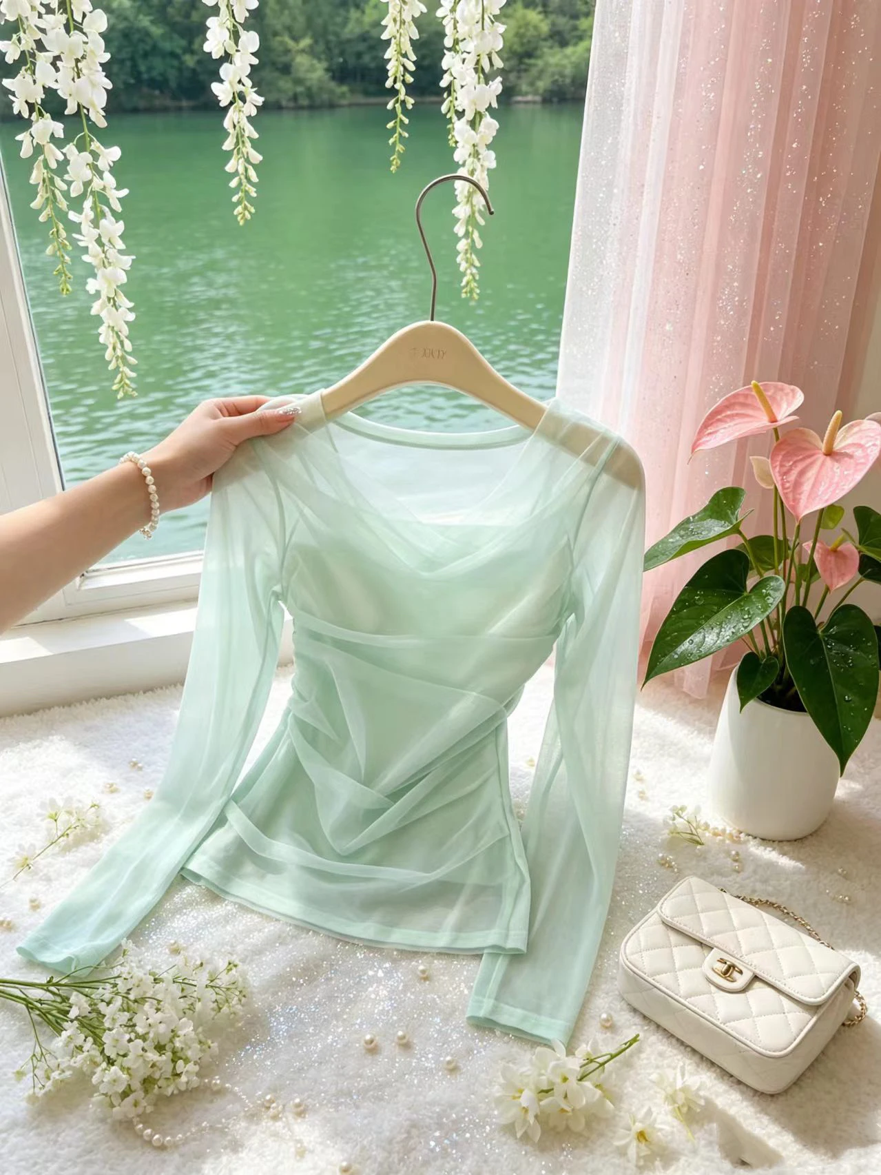 Elegant Green Long Sleeve Mesh T-Shirt Women's Spring Summer Korean Style Self-Preservation Beautiful Sunscreen Top