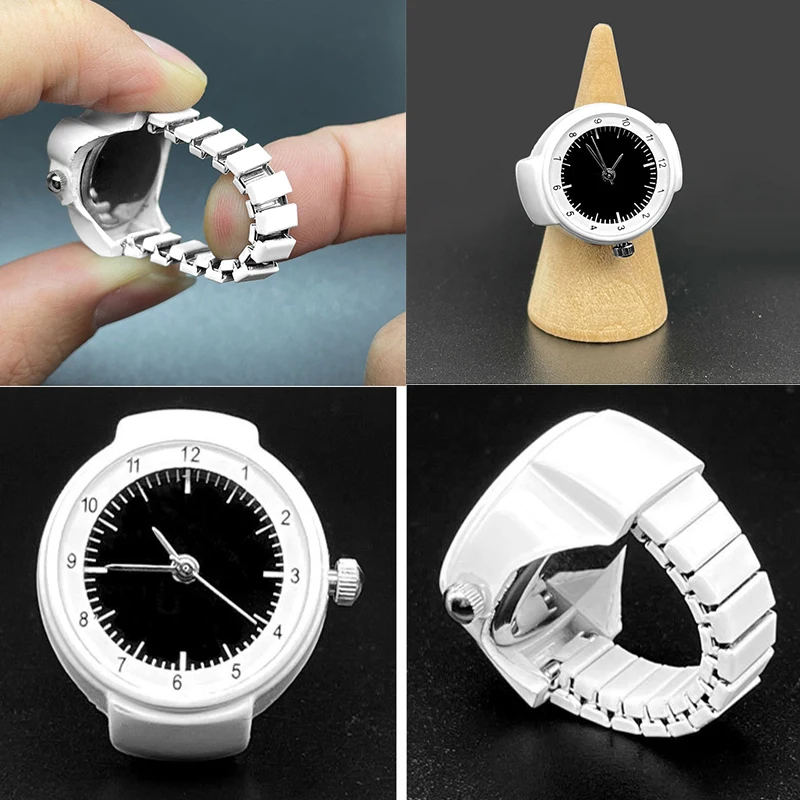 White Black Color Creative Vintage Punk Quartz Watches Finger Rings Women Men Mini Elastic Strap Clock Ring Creative Jewelry