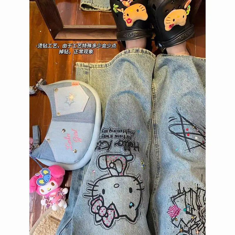 

Джинсы Sanrio Kawaii в стиле Harajuku Y2K Hello Kitty, модные аниме-брюки с широкими штанинами, свободные женские брюки для улицы, повседневные, студенческие, модные