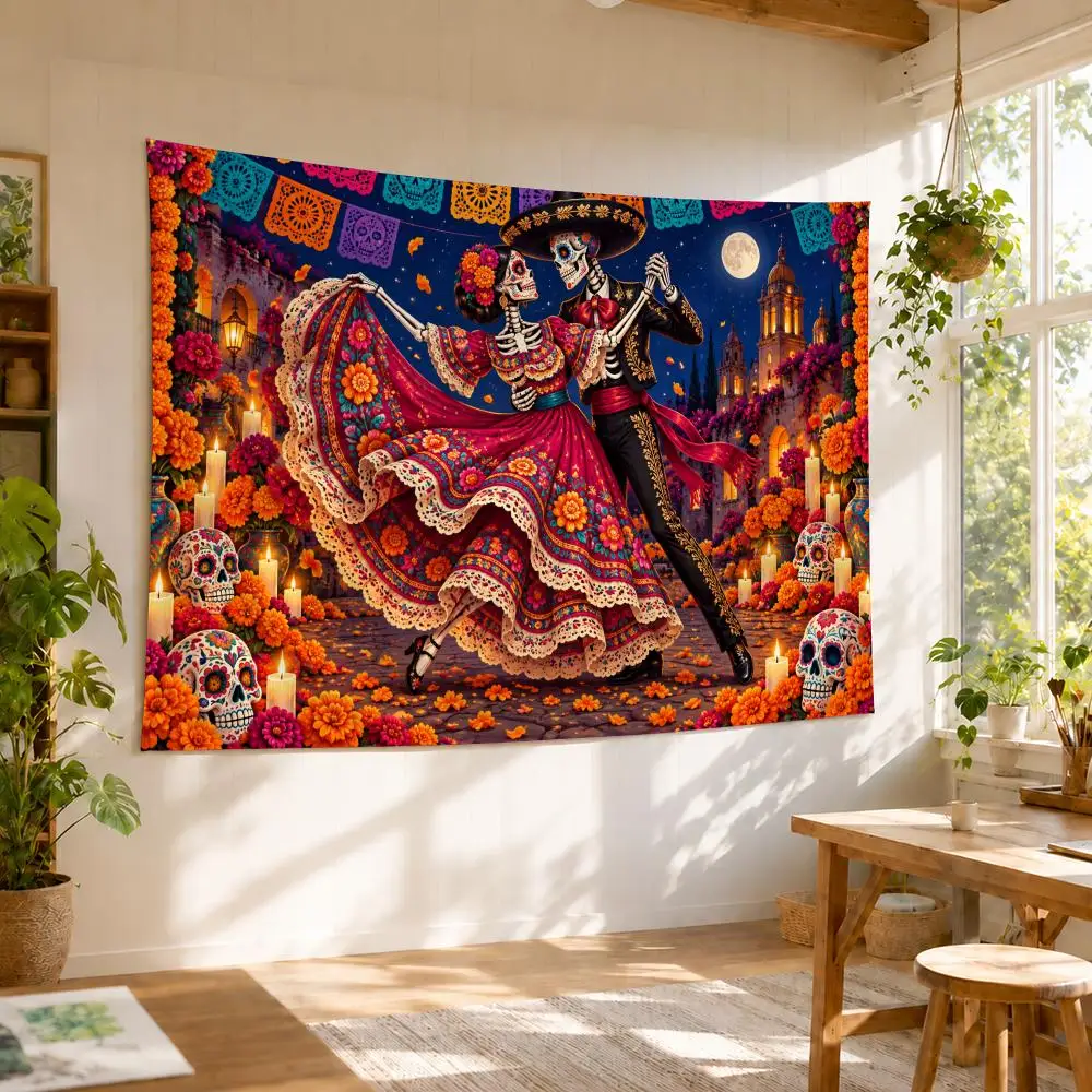 Mexico Day Of The Dead Tapestry Durable Soft Microfiber Horizontal Wall Hanging Decor For Bedroom Patio Garden Parties