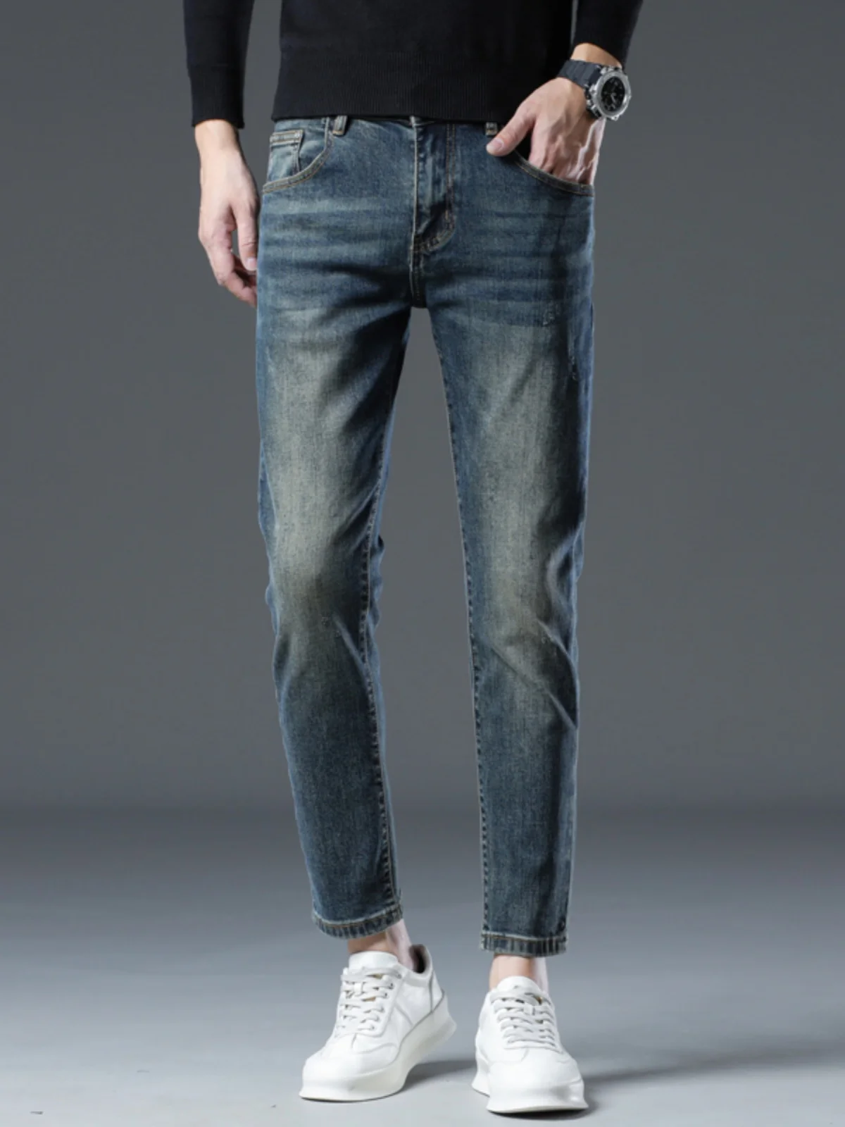 

Retro Patchwork Men's Slim Fit Casual Jeans Cotton Stretch Denim Spring Autumn Wear Resistant Small Straight Foot Long Trousers