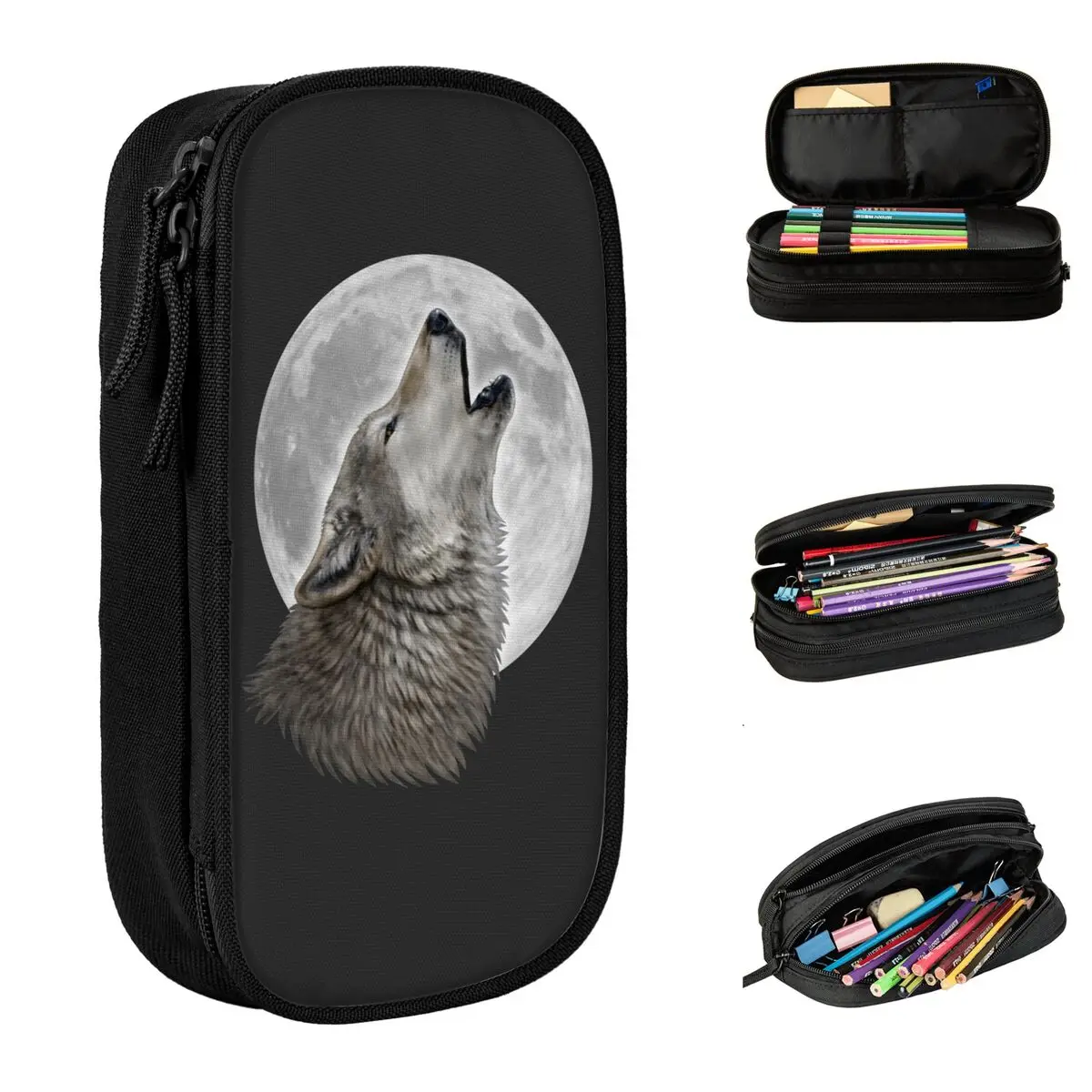 Wolf Howling At The Moon Pencil Cases Fun Pen Bag Girls Boys Big Capacity School Supplies Zipper Pencilcases