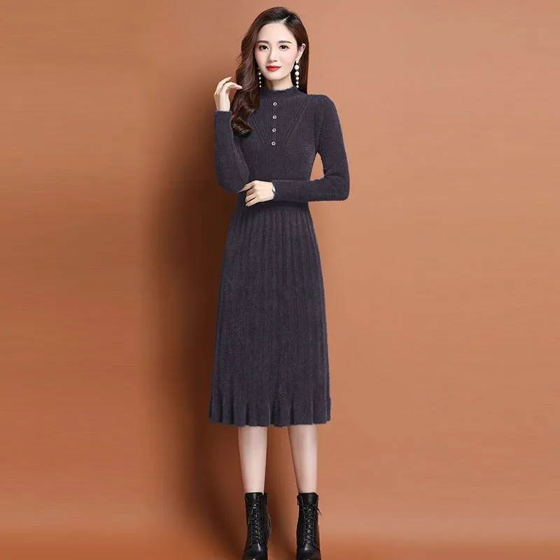 Lmitation Mink Velvet Plus Sweater Women's Long Dress 2025 Autumn Winter Female Knee Knitwear Bottoming Undershirts  Vestidos