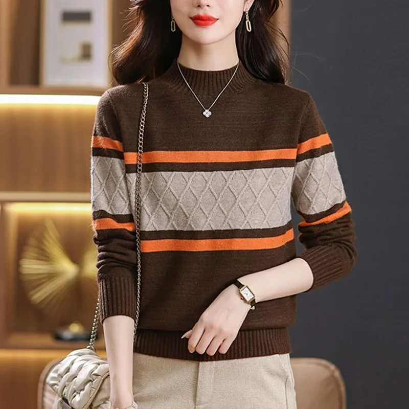 New Autumn and Winter Fashion Colorblock Stripes Half High Neck Loose Versatile Slim and Simple Commuter Knitted Women\'s Sweater