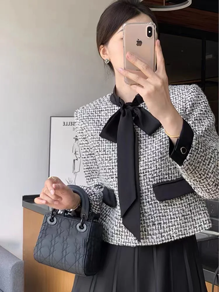 

UNXX Early Autumn Textured Tweed Short Jacket, 2022 Early Fall Women's New High-end Chic Bow-tie Top Female Office Lady Clothing