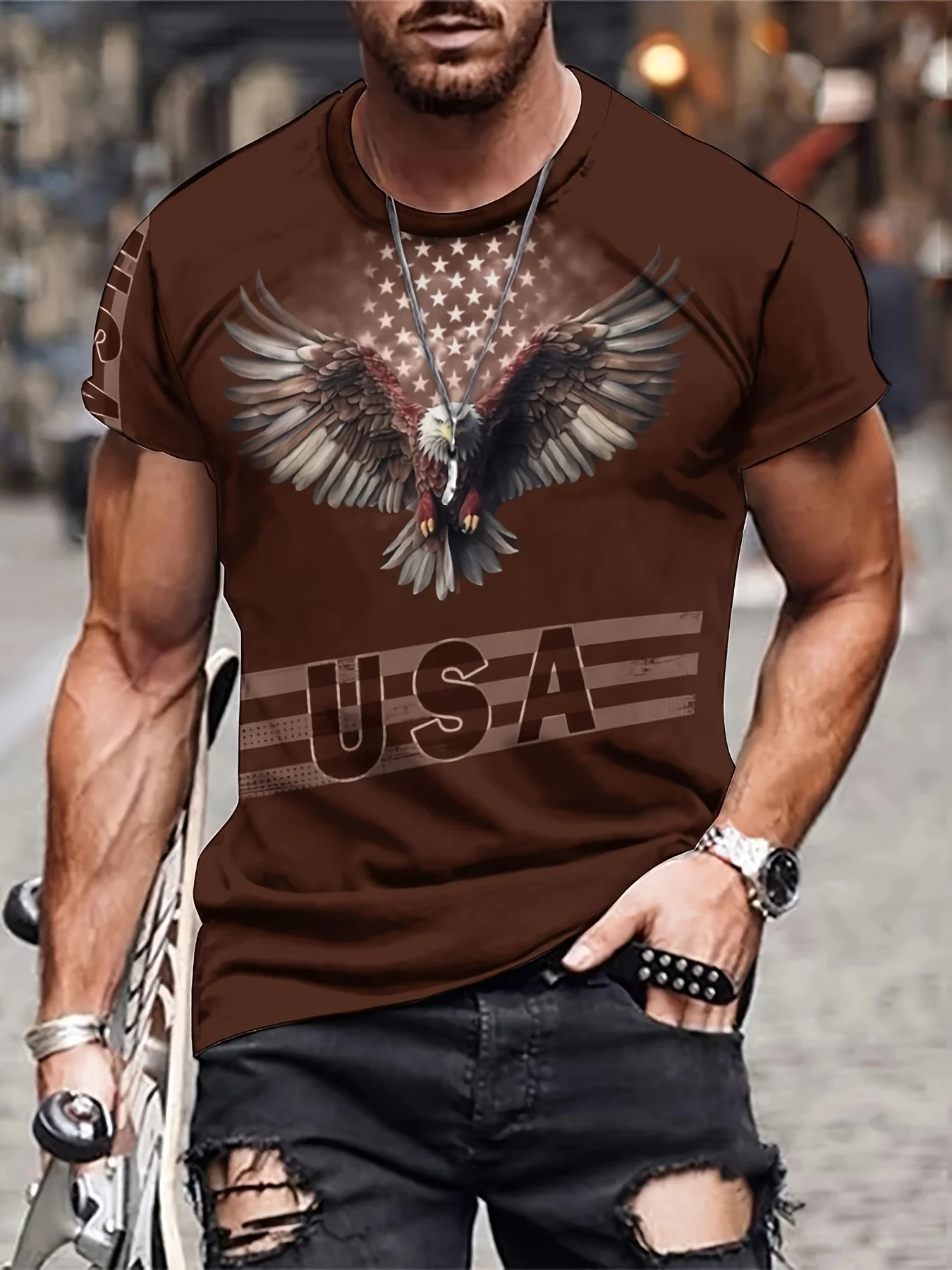 Men's Vintage 3D Casual Letter & Eagle Print Short Sleeve Crew Round-Neck T-Shirt Retro Fashion Tee Summer Outdoor Clothes Tops