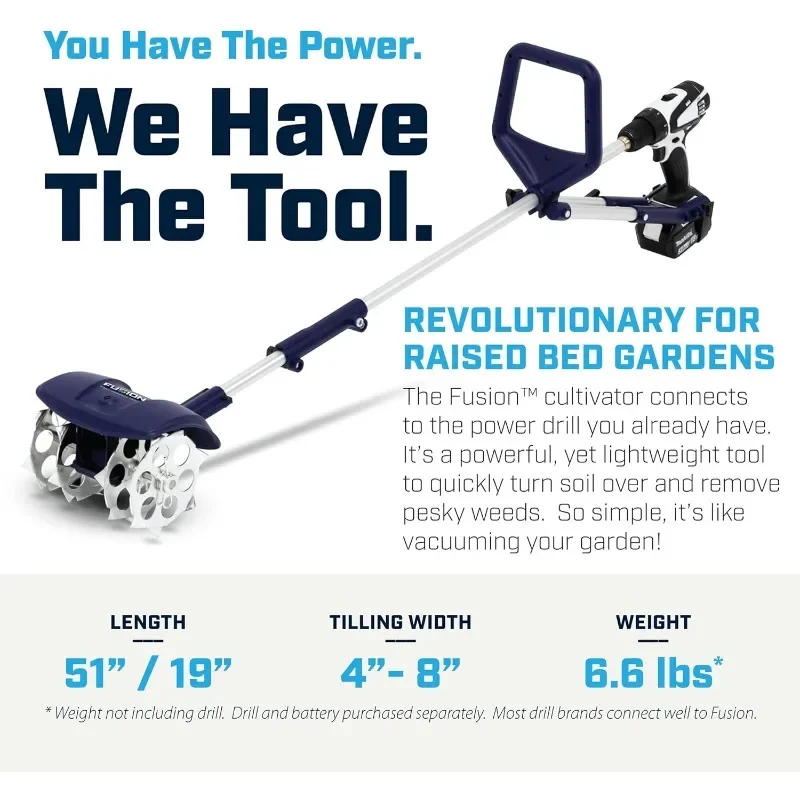 Fusion Drill-Powered Cultivator, Adjustable Tilling Width Up To 8”, Tilling Depth Up To 5.5”, Compatible
