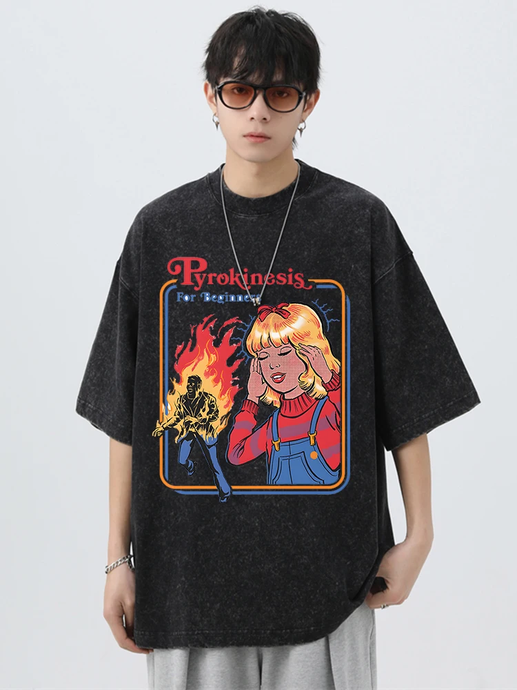 Pyrokinesis For Beginners Funny Washed Retro Men T-Shirts Cotton Oversized Short Sleeve Loose T-Shirt Breathable Casual Tops