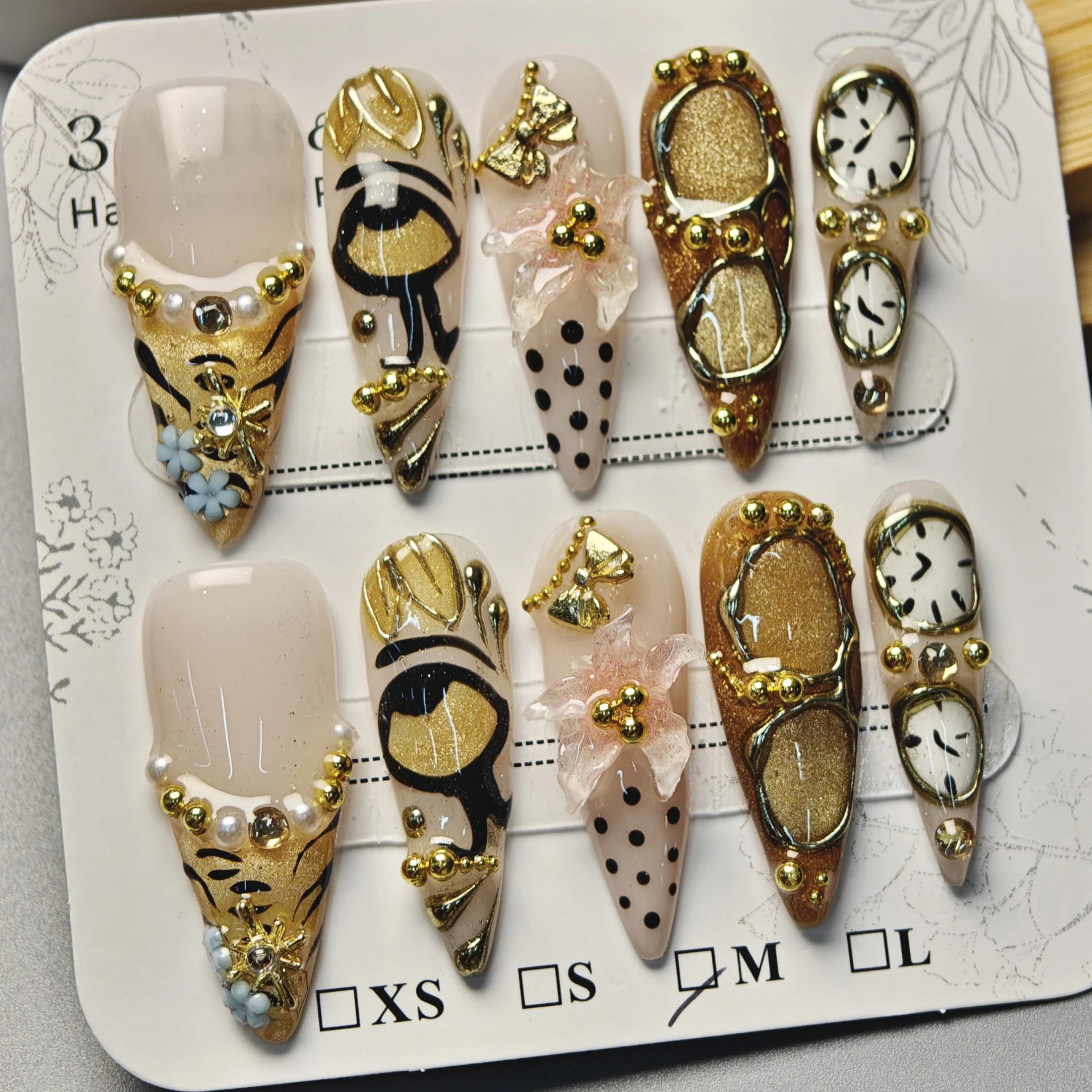 10pcs Stiletto Long Handmade Press On Nails, Vintage Gold & Nude Black Nail Set with 3D Pearls, Flowers, Beads and Clock Art, Suitable For Fall Parties & Holidays, For Women & Girls