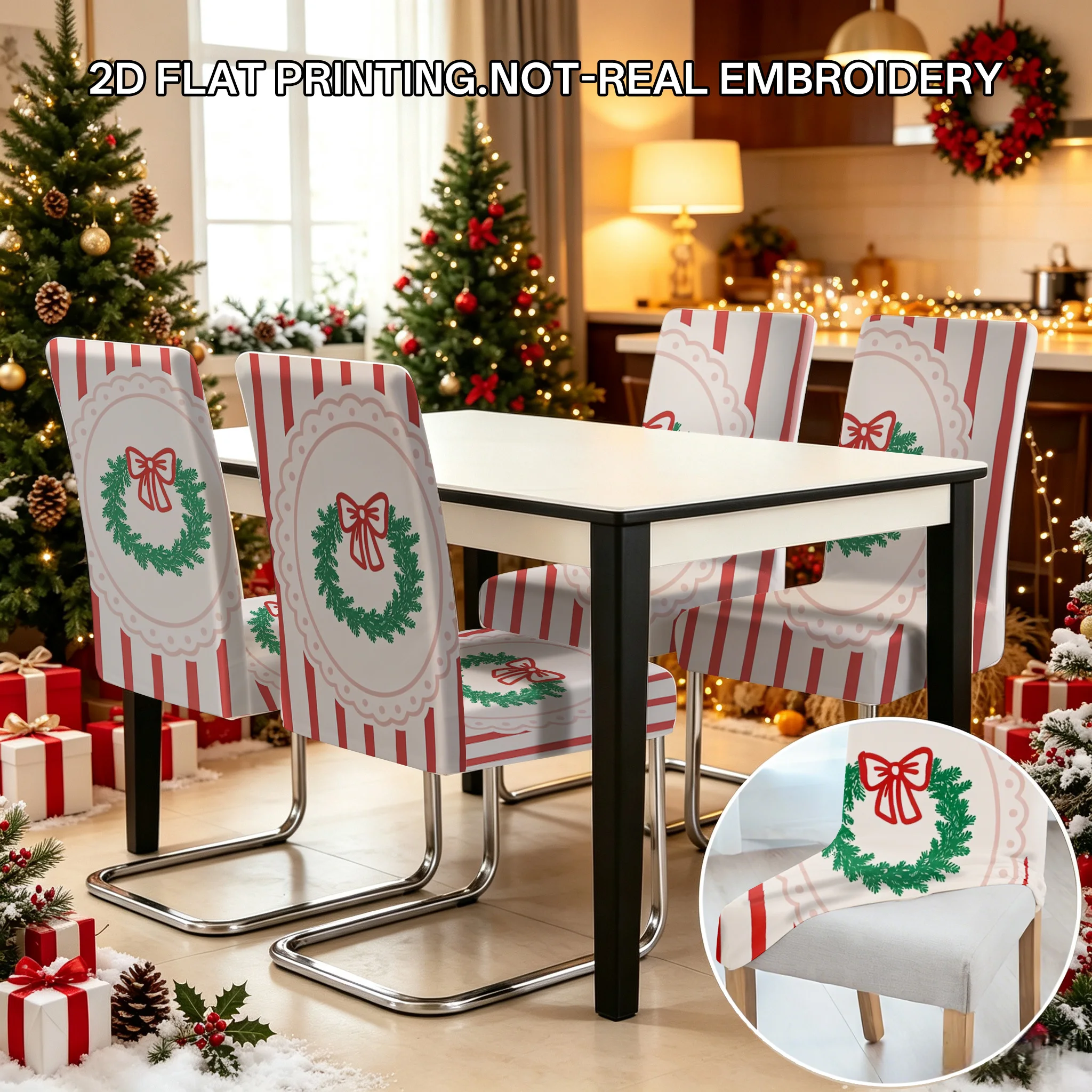 2/4/6 PCS simple style Christmas wreath bow dining chair covers 2D flat printed Christmas restaurant holiday decoration