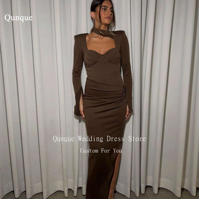 

Qunque Mermaid Evening Dresses Halter Sleeves Slit Pleat Prom Dress Women Formal Party Dress فساتين للمناسبات الرسمية Customized