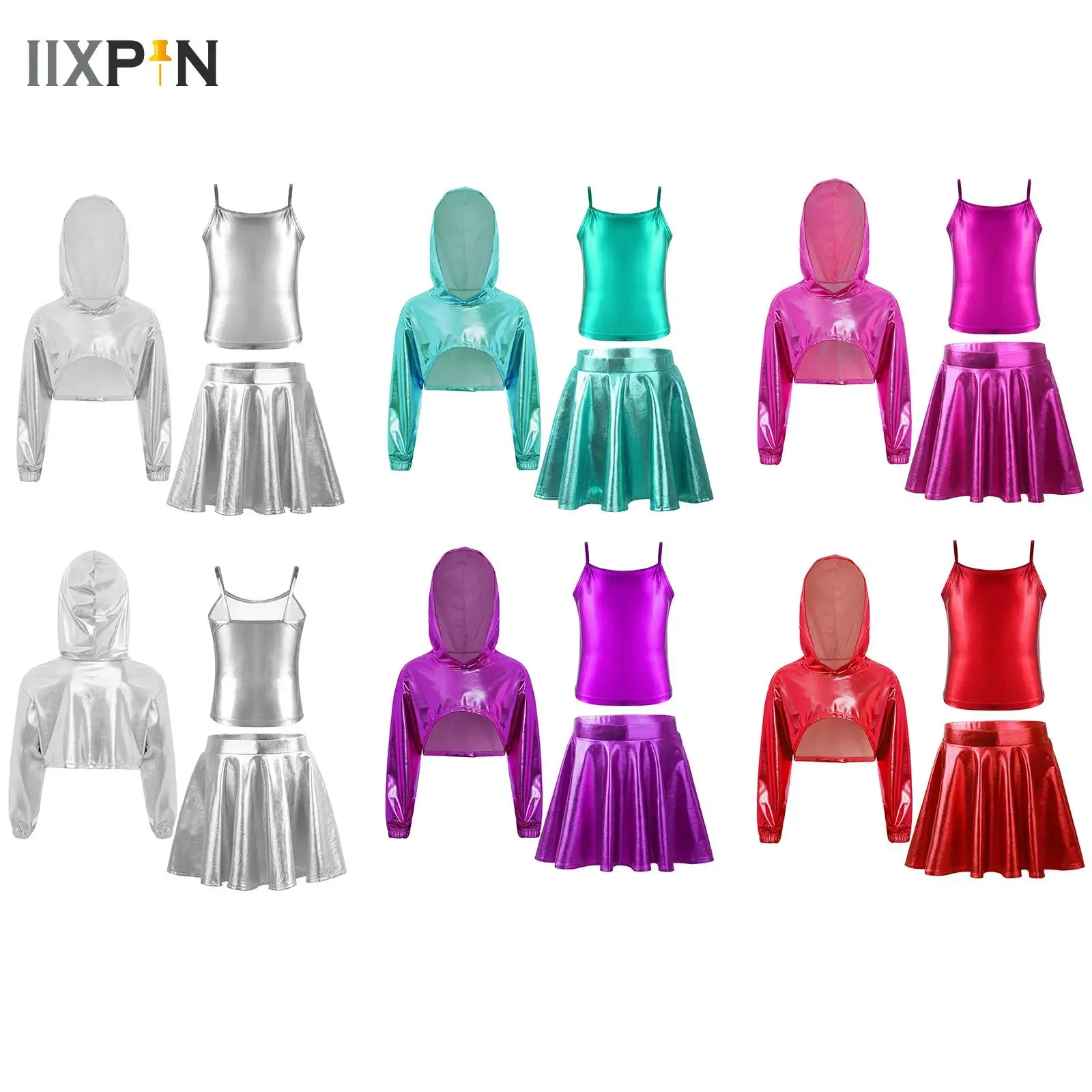 

Kids Girls Modern Dance Suit Metallic Top And Flared Skirt/Shorts Bottom Disco Dance Costume for Belly Dance Stage Performance