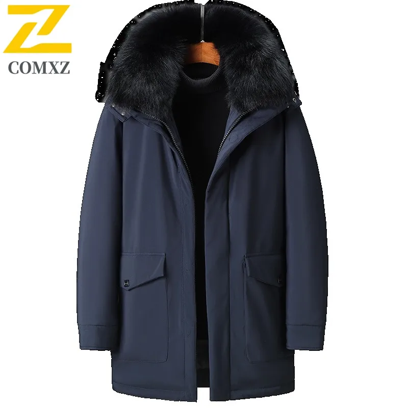 COMXZ Brand Luxury Mens Down Jacket Hooded Outdoor Riding Cold Protection Parka Korean Fashion Warm Windproof Winter Coat