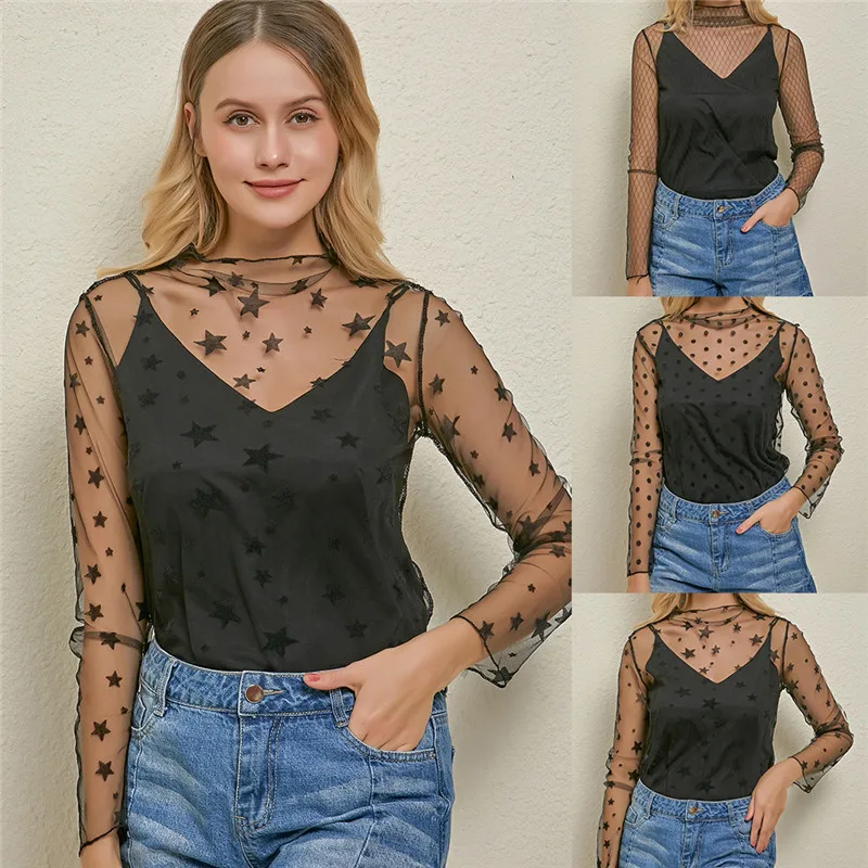 Camisa feminina de renda de manga comprida com gola alta, camisa de malha, tops, preto, arrastão pura sexy, ver através do topo transparente