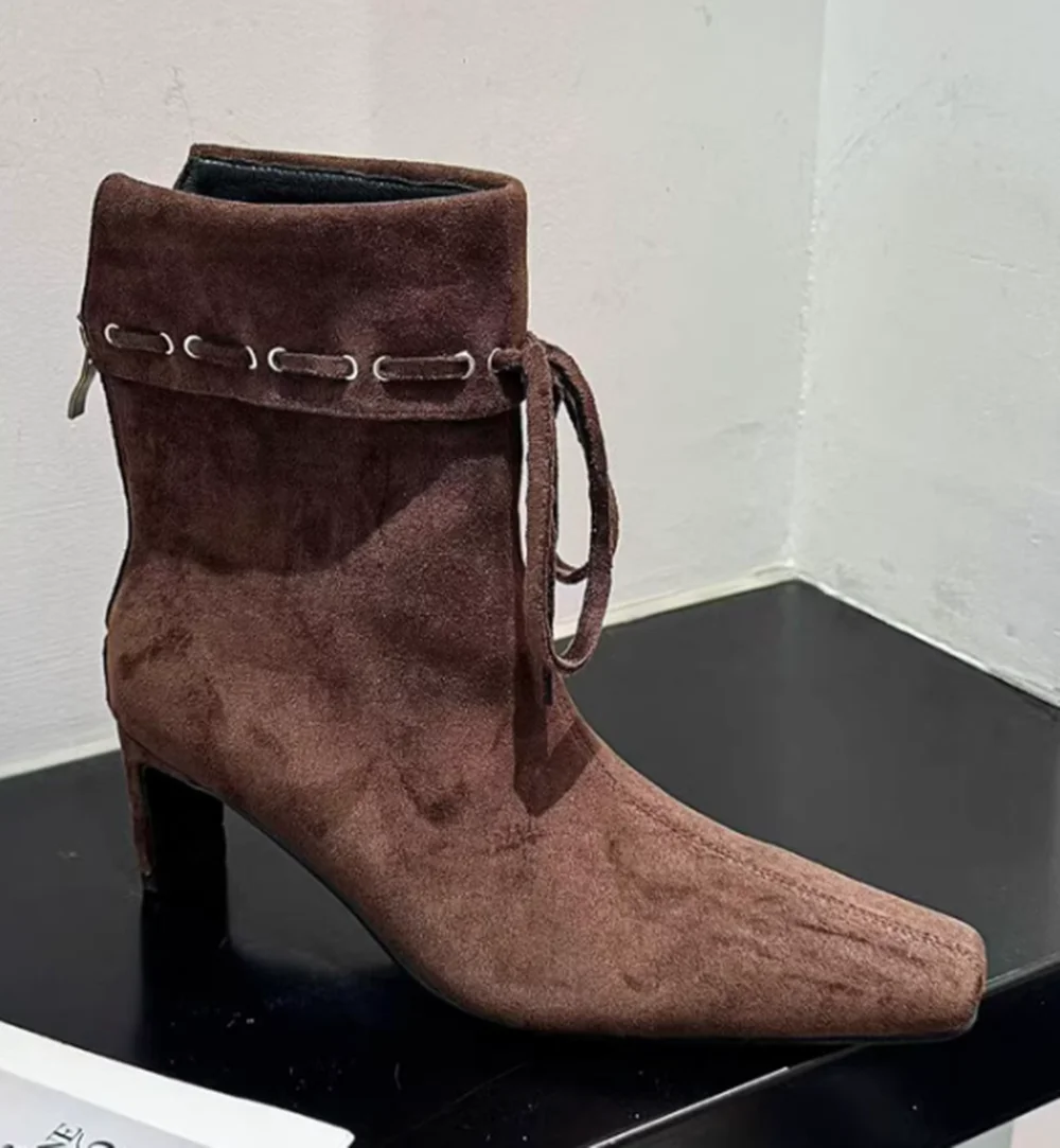 

Chestnut Suede Square Toe Ankle Boots Slim Block Heel Minimalist Lace-Up Detail Simple And Casual Style Retro Lady Ankle Boots