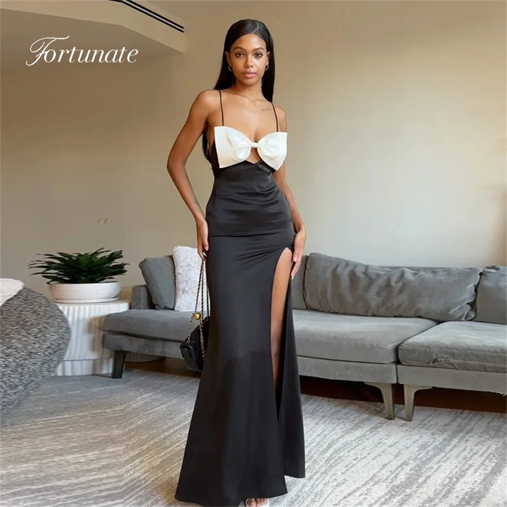 

Fortunate High Side Slit Backless Stain Spaghetti Strap Prom Dresses With Bow Sweetheart Floor Length Evening Gowns Custom Made