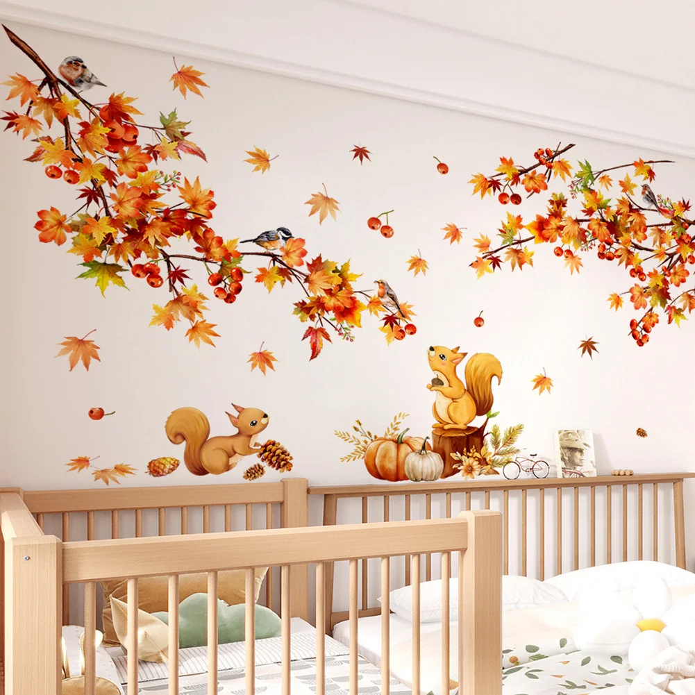 Watercolor Style Maple Leaf Squirrel Wall Stickers Kids Room Decor Bedroom Background Home Decoration Mural Self-adhesive Decals